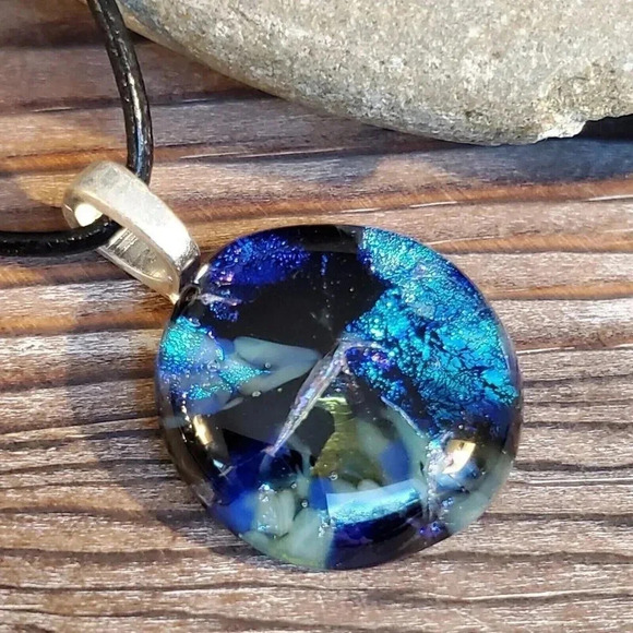 Dichroic Fused Art Glass Round Blue Black Pendant Black Leather Cord Necklace D - Picture 3 of 8